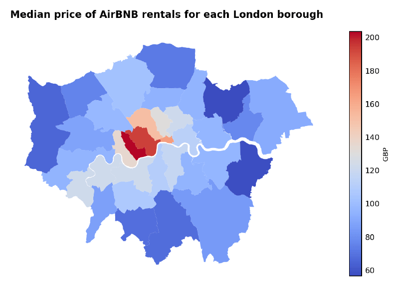 Geographic plot of the median price of rentals per borough