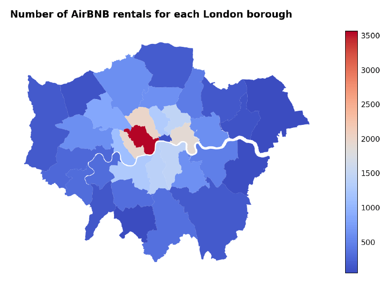 Geographic plot of the number of rentals per borough